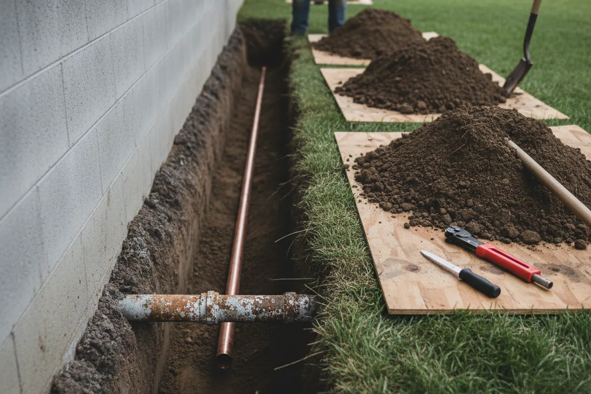 Excavated water line trench during Water Heater Repair in Chana